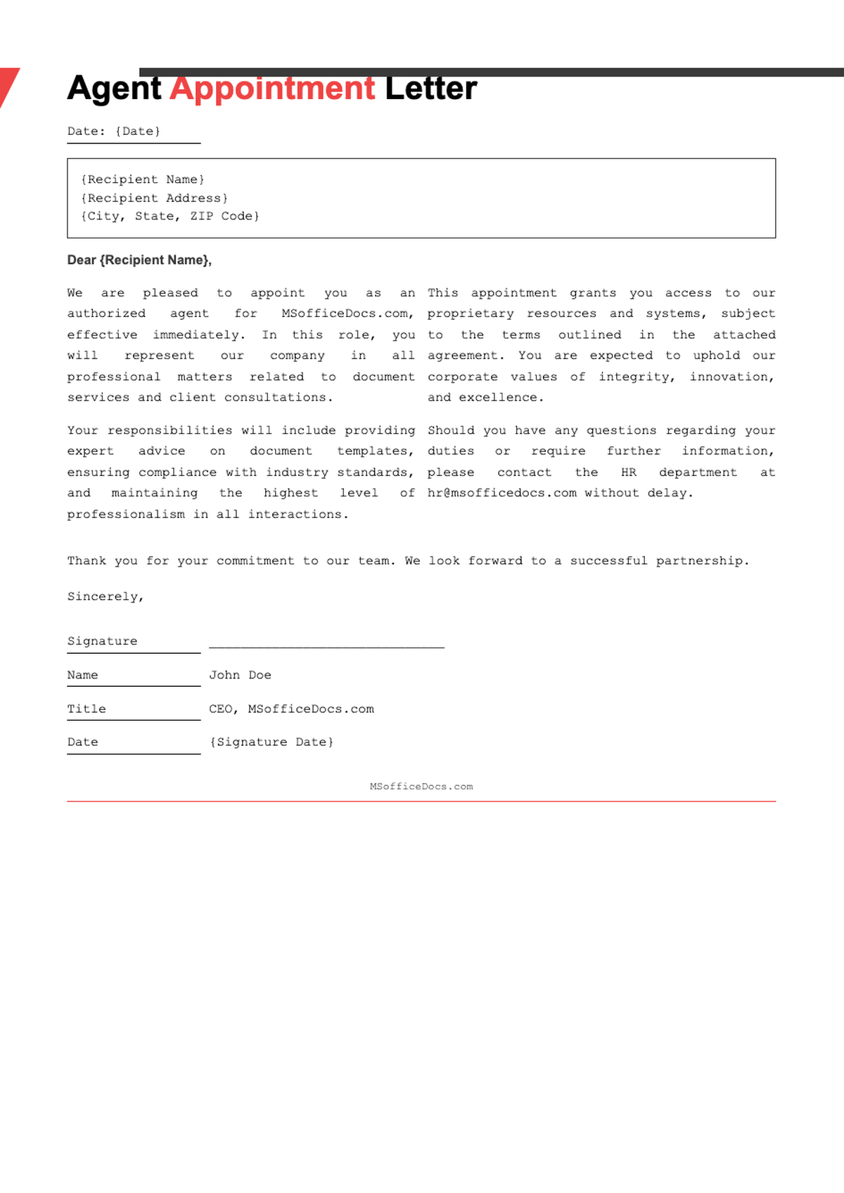 Agent Appointment Letter template with fillable fields and corporate header_variant_1